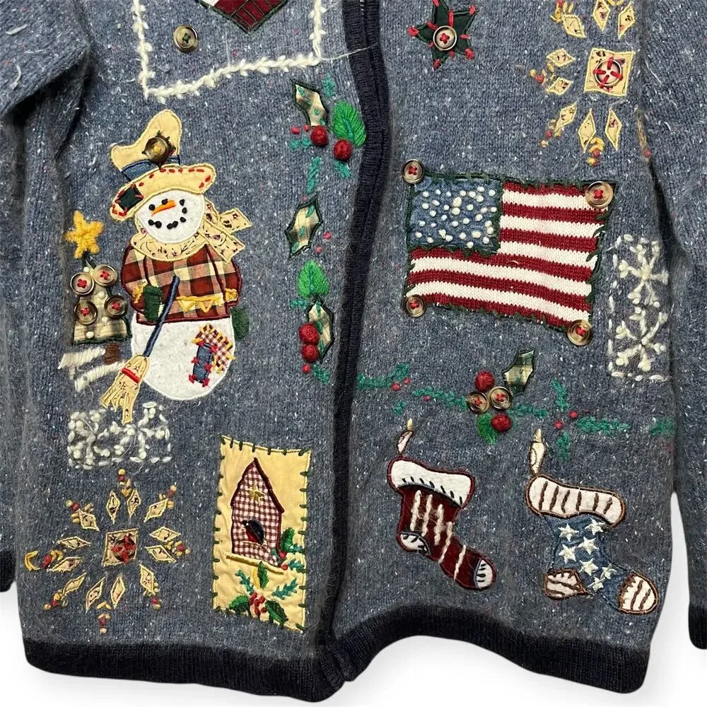 OHI Vintage Folk Art Holiday Sweater Snowman Birdhouse Plaid Collar Sz Small